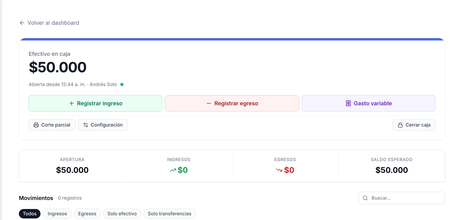 Caja abierta con el efectivo en caja, los botones de acción y los totales de apertura, ingresos, egresos y saldo esperado
