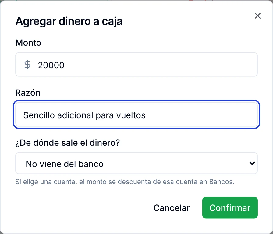Ventana Agregar dinero a caja con el monto, la razón y el origen del dinero