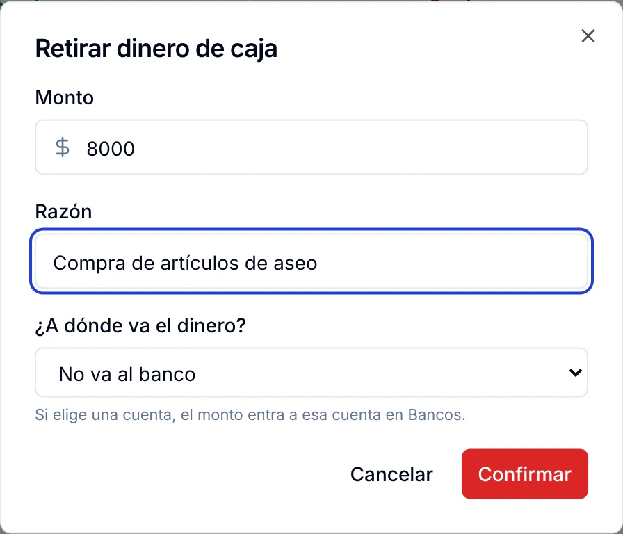 Ventana Retirar dinero de caja con el monto, la razón y el destino del dinero