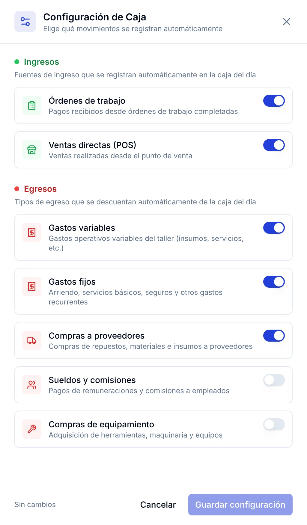 Panel Configuración de Caja con los interruptores de ingresos y egresos automáticos