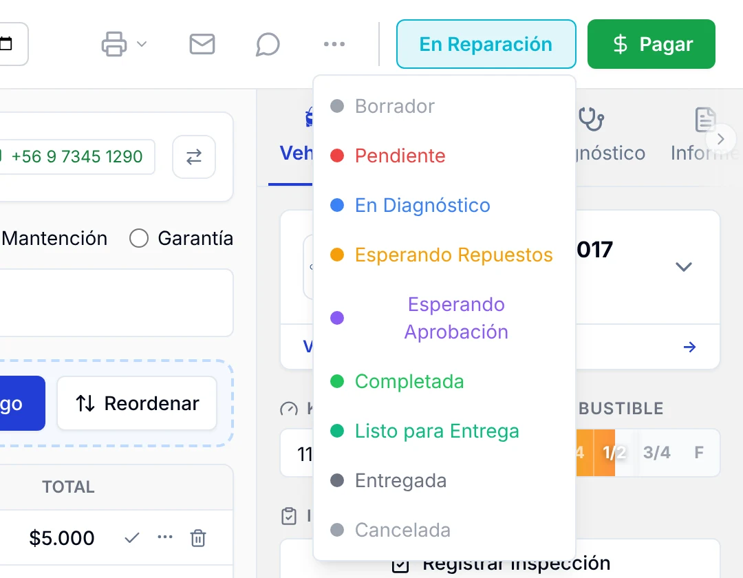 Lista de estados desplegada desde el botón de estado de la orden