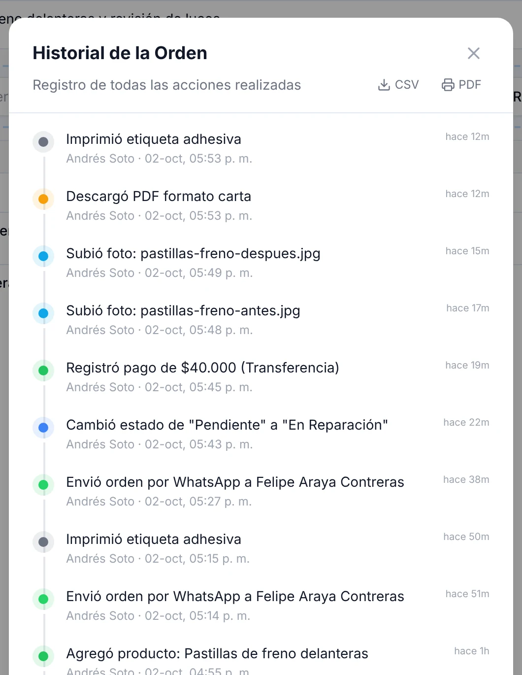 Historial de la orden con el registro del cambio de Pendiente a En Reparación