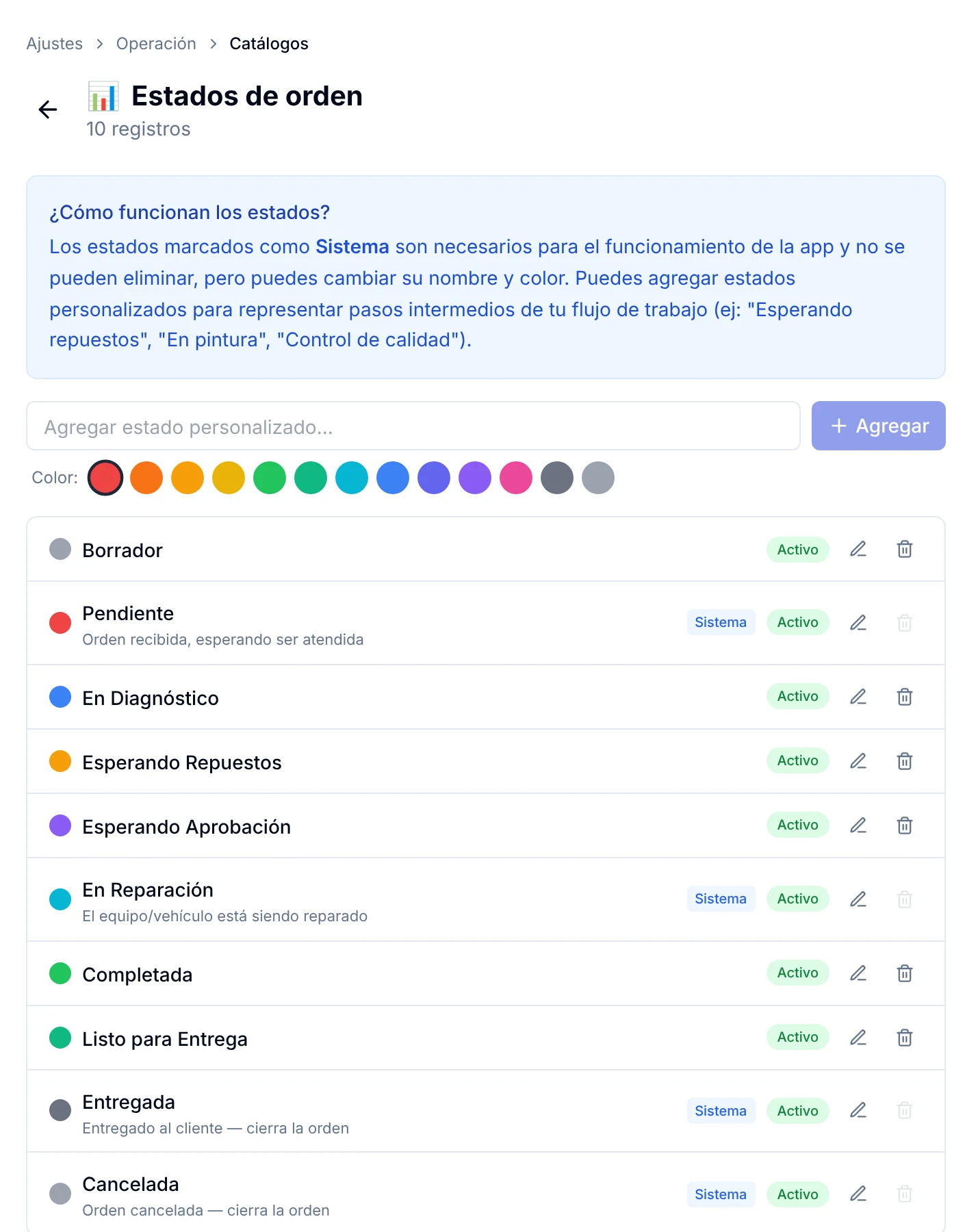 Catálogo Estados de orden con el campo para agregar un estado personalizado y la lista de estados