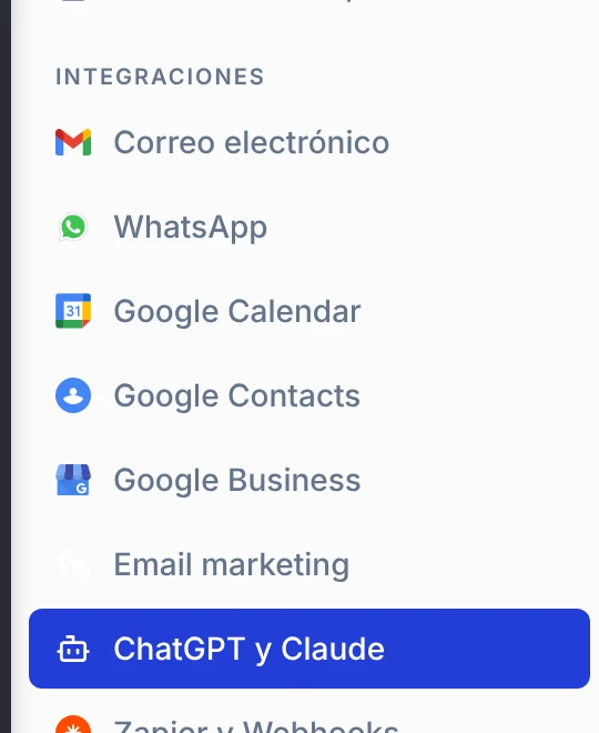 Opción ChatGPT y Claude dentro del grupo Integraciones del menú de Ajustes