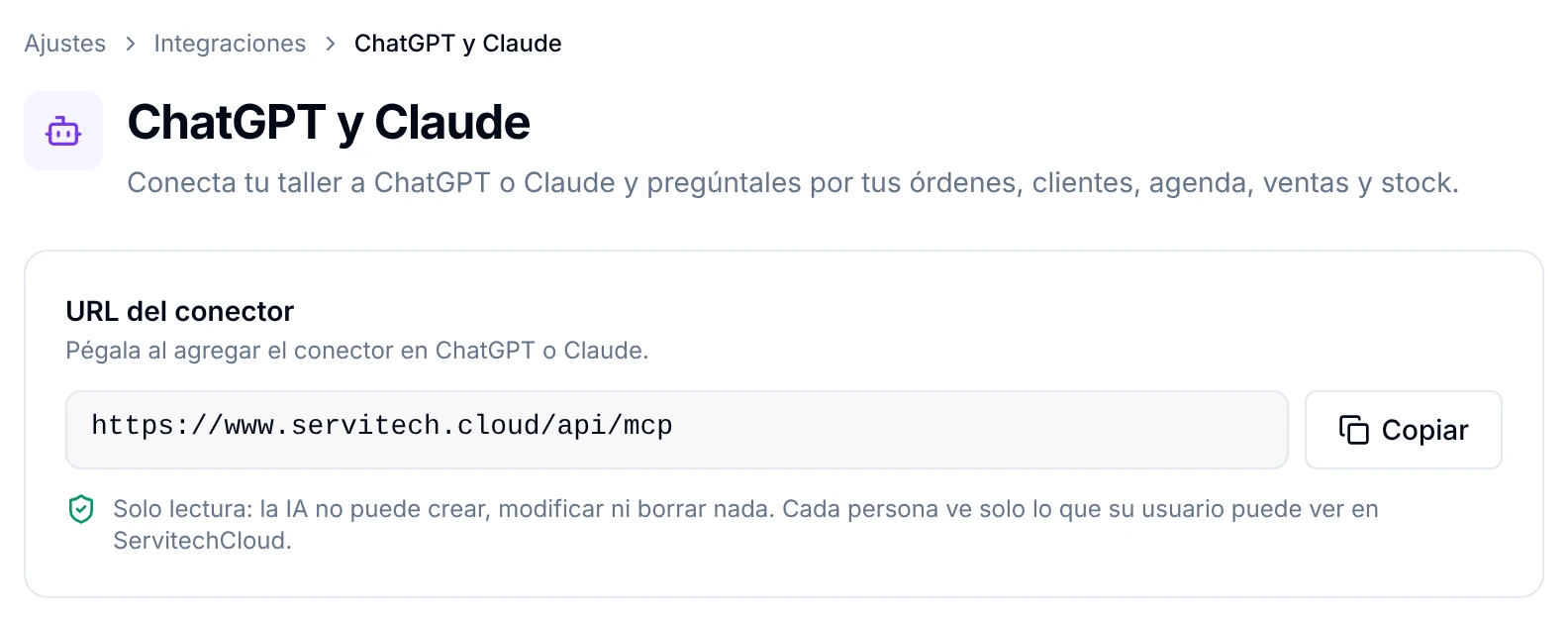 Tarjeta URL del conector con el botón Copiar y el aviso de solo lectura