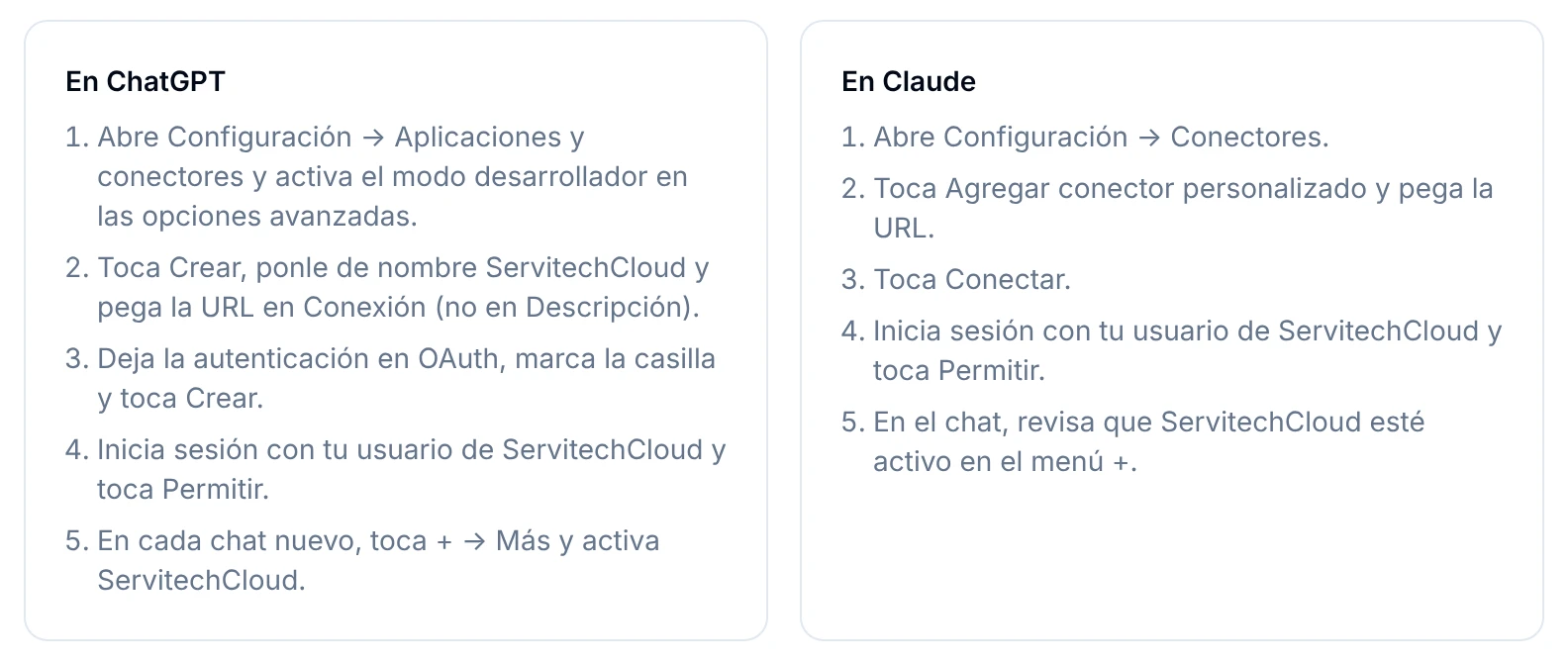 Pasos para conectar ServitechCloud en ChatGPT y en Claude, tal como aparecen en Ajustes