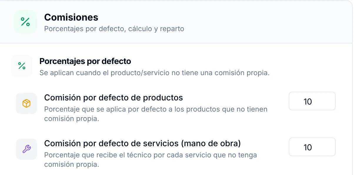 Comisión por defecto de productos y de mano de obra para los mecánicos del taller en ServitechCloud