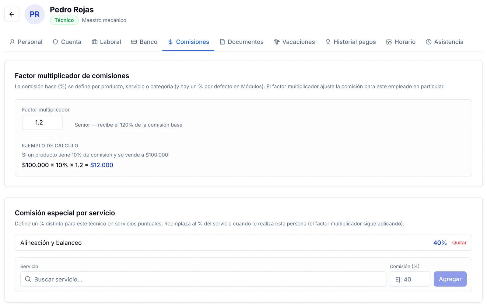 Factor multiplicador de comisión por mecánico y comisión especial por servicio en la ficha del empleado