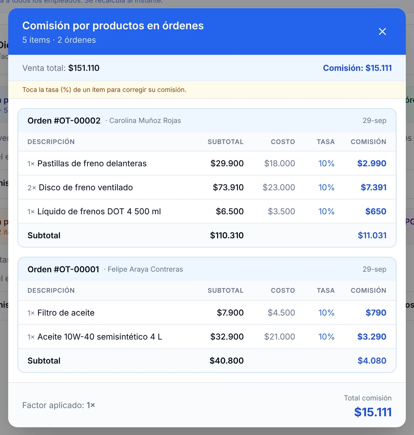 Detalle de la comisión por orden de trabajo, con subtotal, costo, tasa y comisión de cada ítem