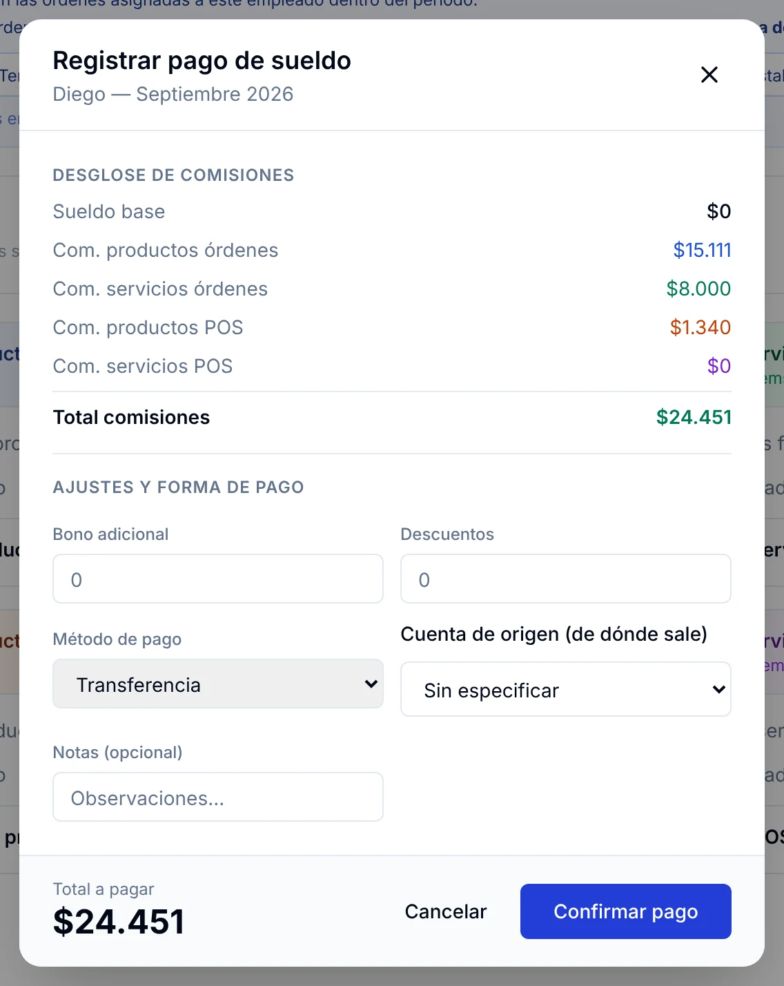 Ventana para registrar el pago de comisiones del mecánico con bono, descuentos y total a pagar