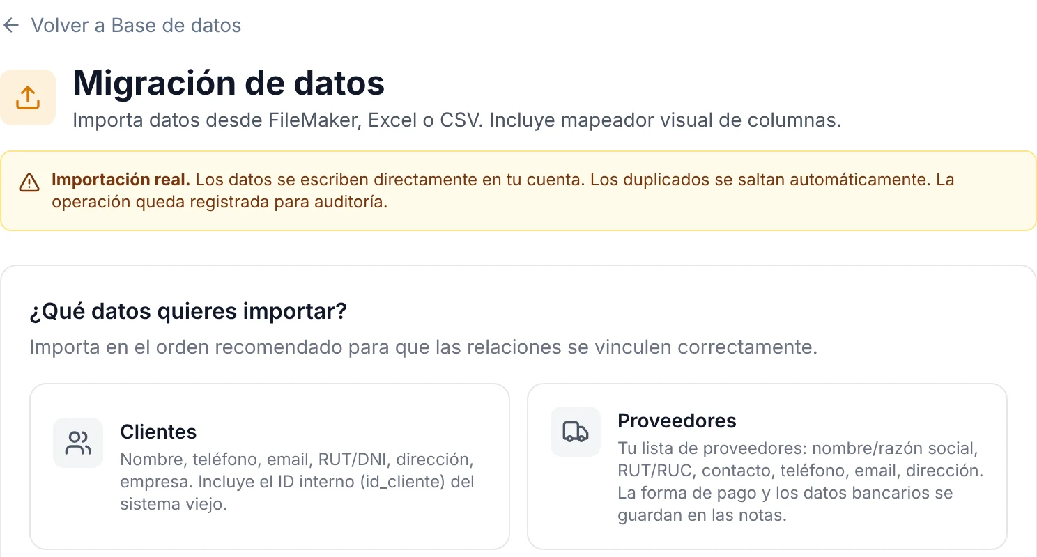Migración de datos en ServitechCloud: importar clientes, proveedores y productos del taller desde Excel o CSV