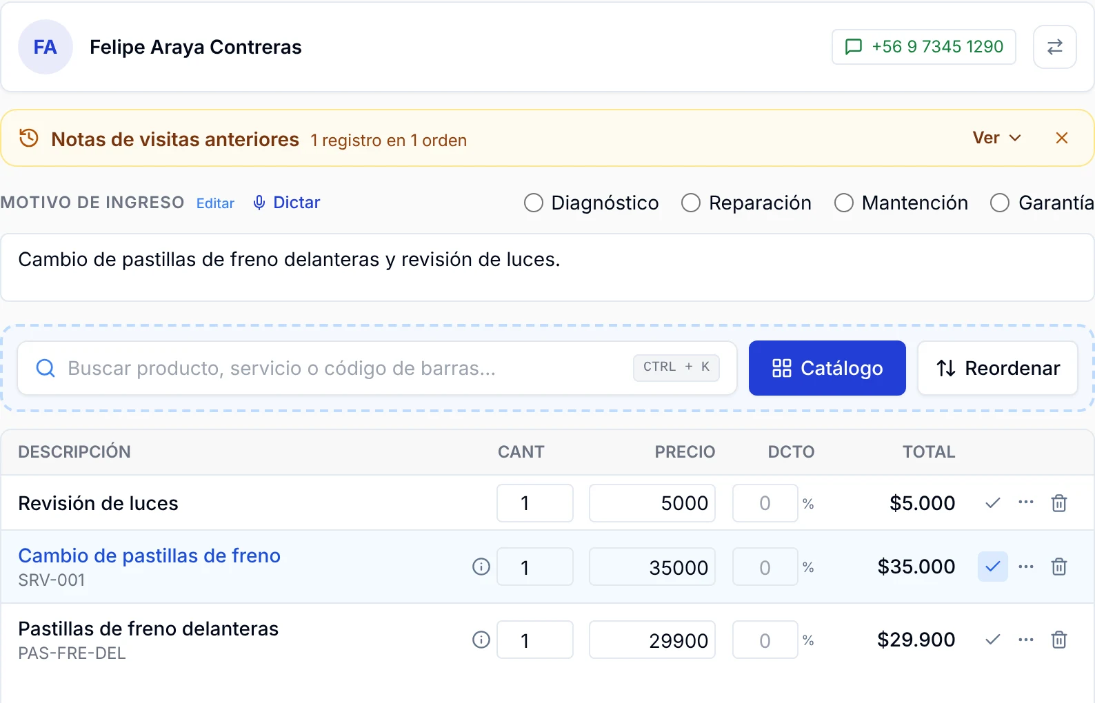 Orden de trabajo OT-00008 en ServitechCloud con revisión de luces, cambio de pastillas de freno y pastillas delanteras