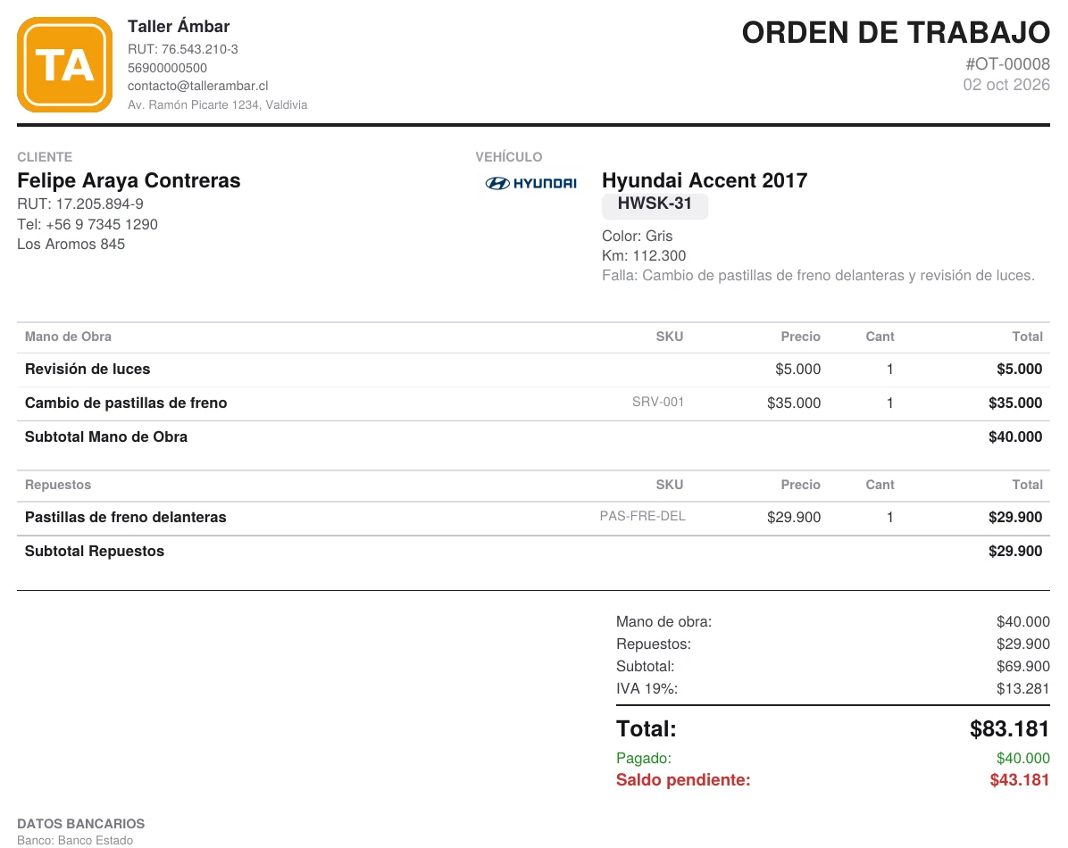 PDF de la orden de trabajo del taller: total de $83.181, pagado $40.000 y saldo pendiente de $43.181