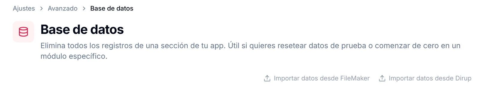 Pantalla Base de datos en Ajustes con los enlaces Importar datos desde FileMaker e Importar datos desde Dirup