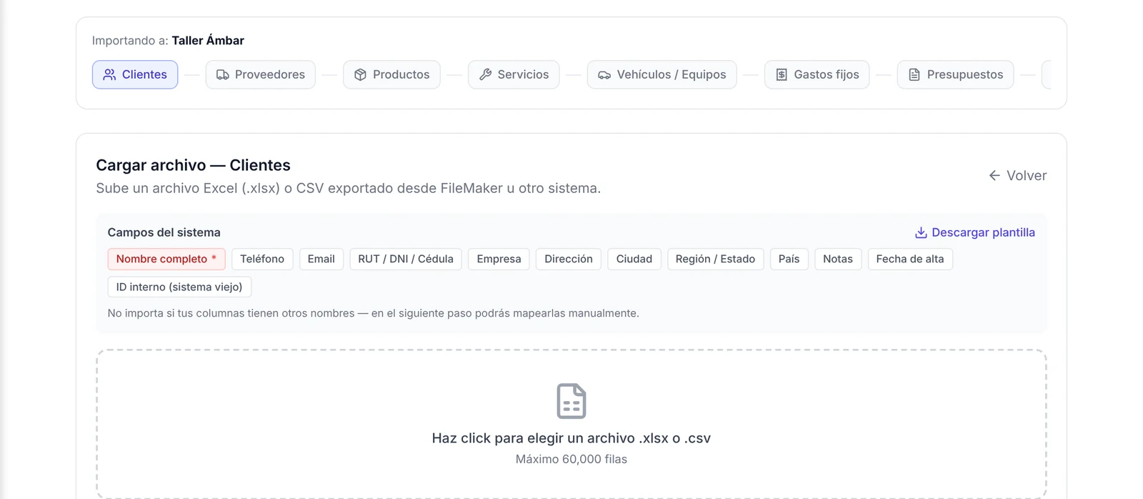Paso Cargar archivo de Clientes con los campos del sistema, el botón Descargar plantilla y la zona para elegir el archivo