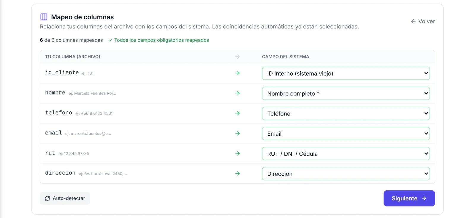 Paso Mapeo de columnas con seis columnas del archivo relacionadas con los campos del sistema y el botón Siguiente