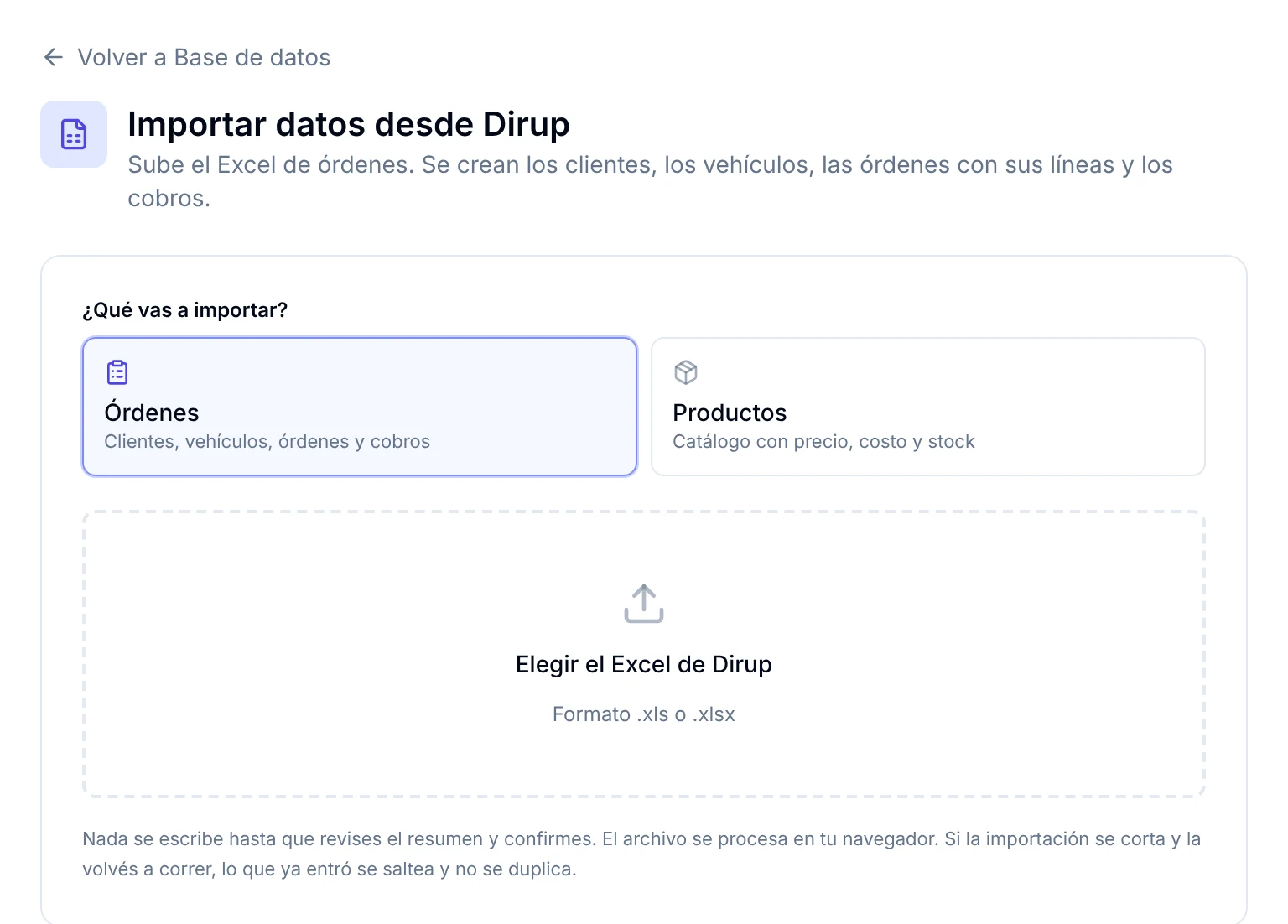 Pantalla Importar datos desde Dirup con las opciones Órdenes y Productos y el recuadro Elegir el Excel de Dirup