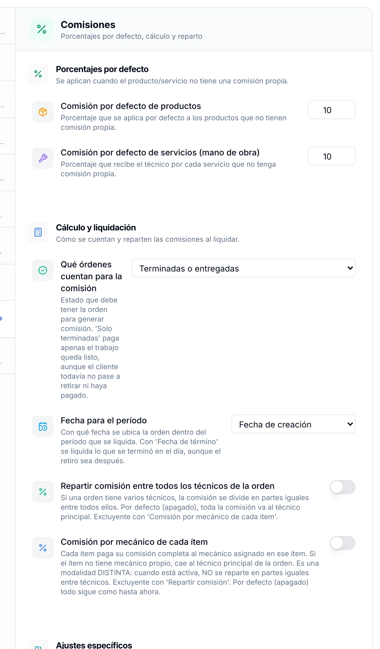 Panel Comisiones de Ajustes con los porcentajes por defecto y las opciones de cálculo y liquidación