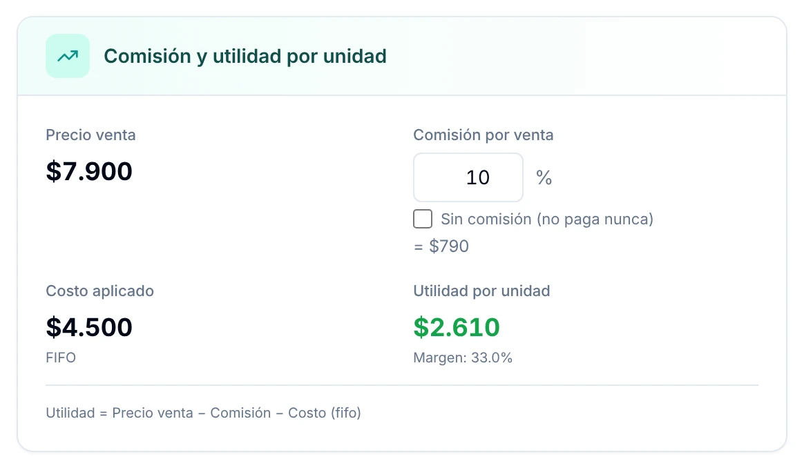 Cuadro Comisión y utilidad por unidad en la pestaña Costos de la ficha de un producto