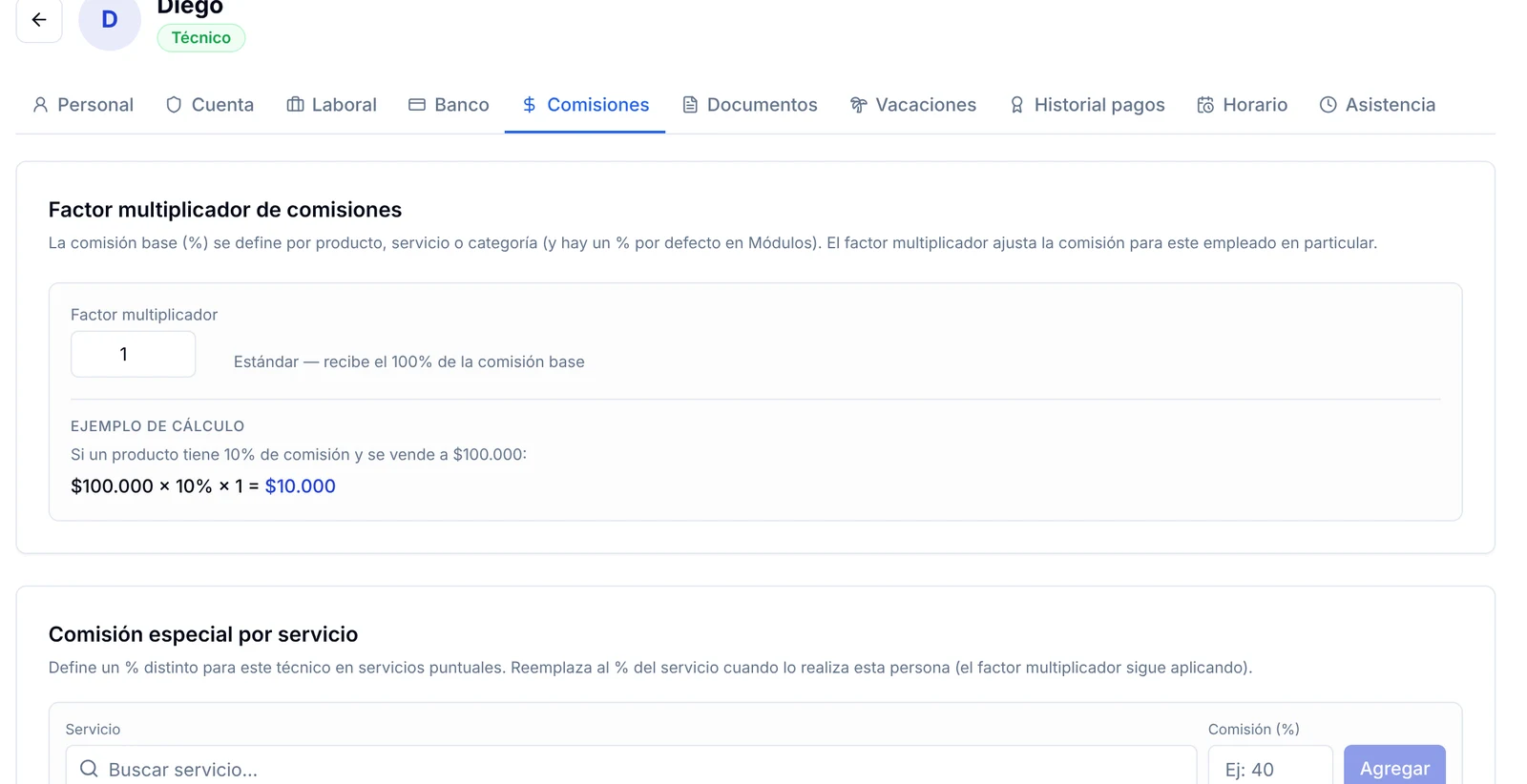 Pestaña Comisiones de un empleado con el factor multiplicador y la comisión especial por servicio