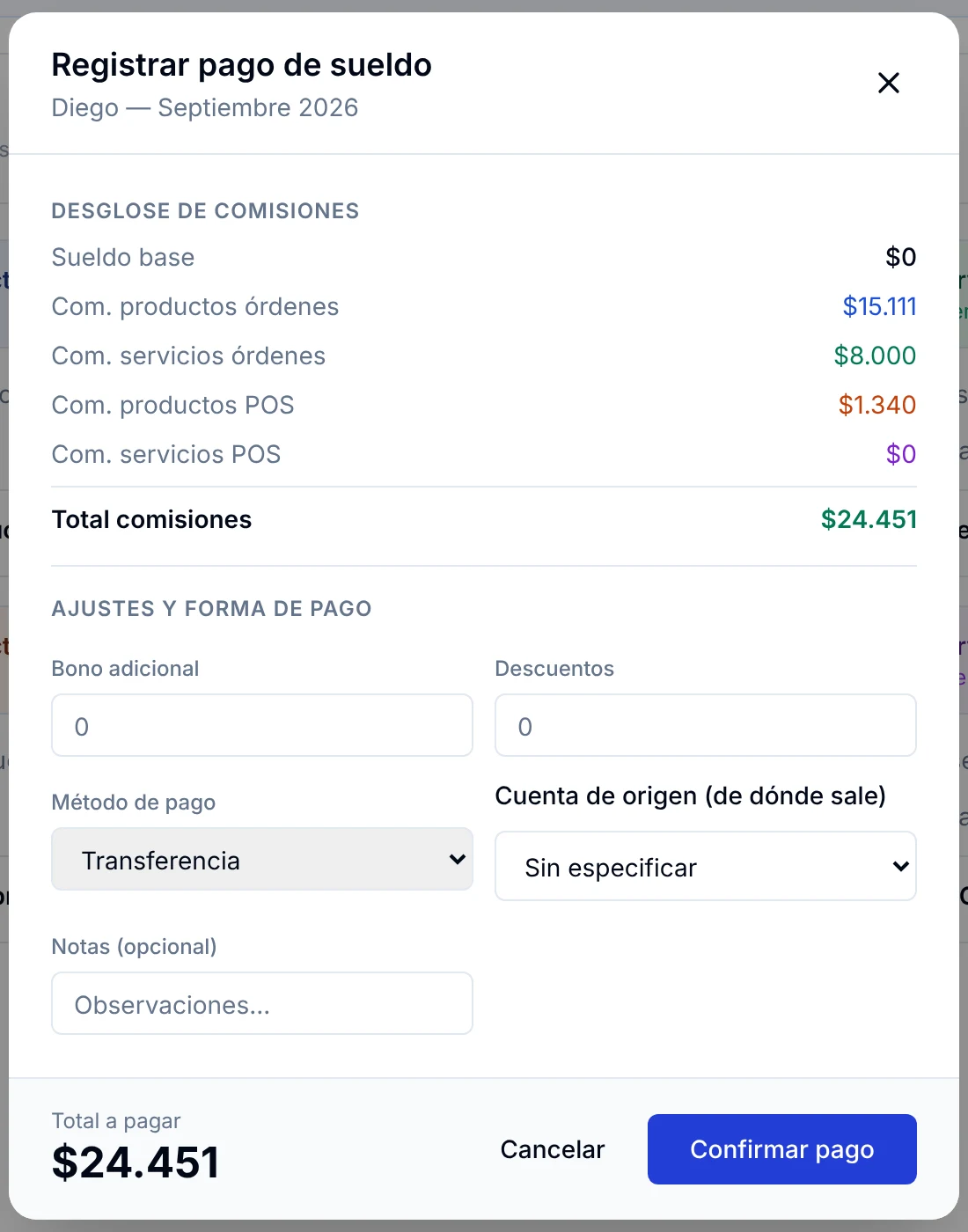 Ventana Registrar pago de sueldo con el desglose de comisiones, bono, descuentos y total a pagar