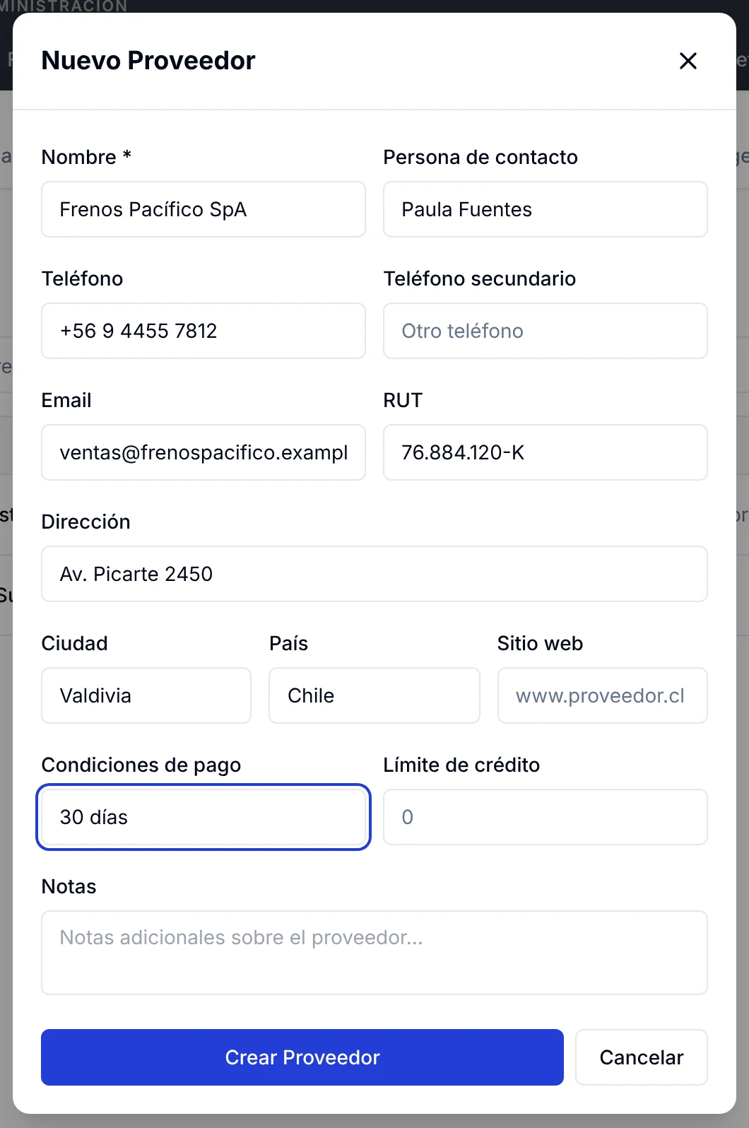 Formulario Nuevo Proveedor con nombre, contacto, teléfono, email, RUT y condiciones de pago