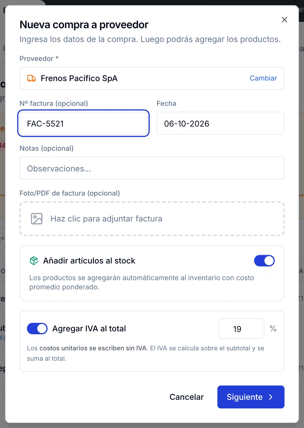 Ventana Nueva compra a proveedor con proveedor, número de factura, fecha y opciones de stock e IVA