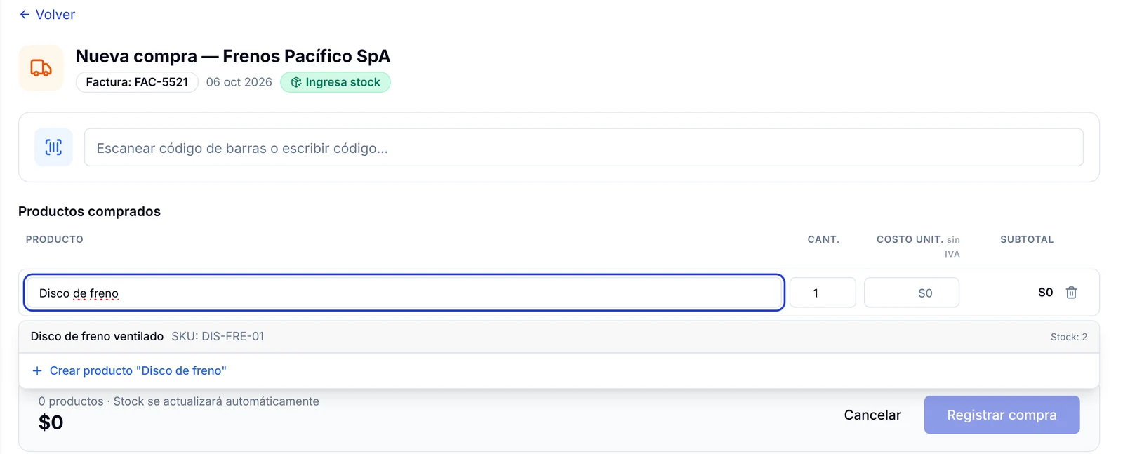 Buscador de productos dentro de la compra, mostrando el SKU y el stock actual del producto