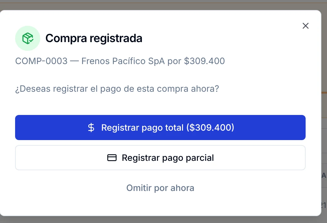 Ventana Compra registrada con las opciones de pago total, pago parcial u omitir por ahora