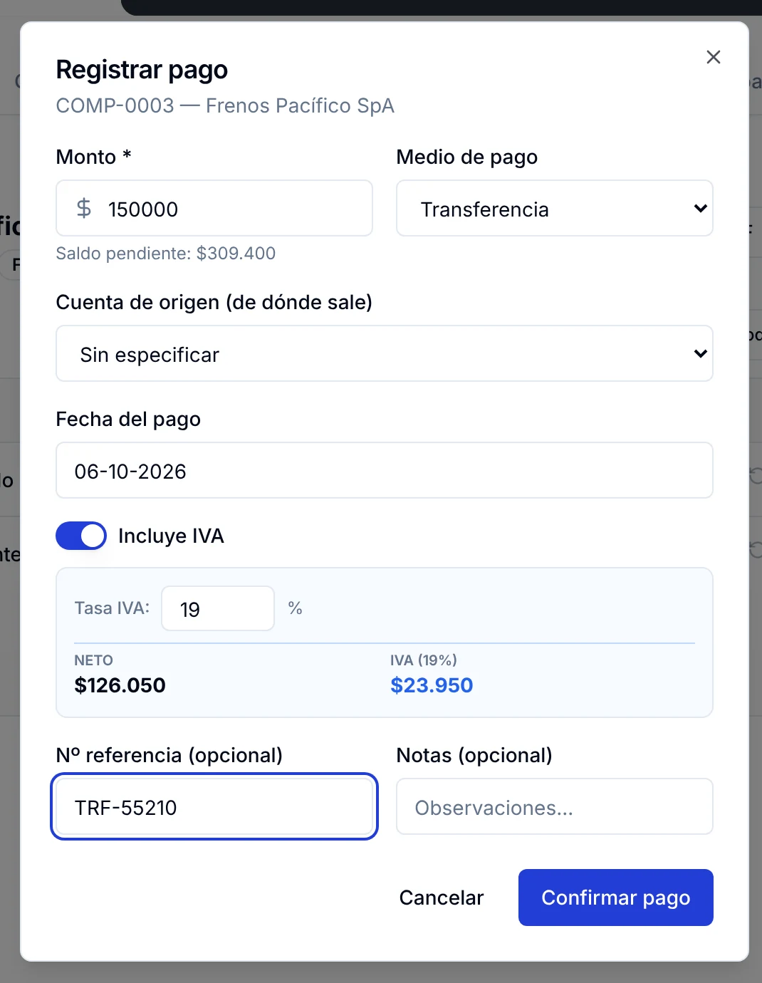 Ventana Registrar pago con monto, medio de pago, cuenta de origen, fecha y número de referencia