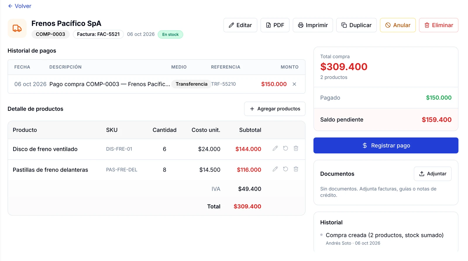 Ficha de la compra con historial de pagos, detalle de productos, monto pagado y saldo pendiente