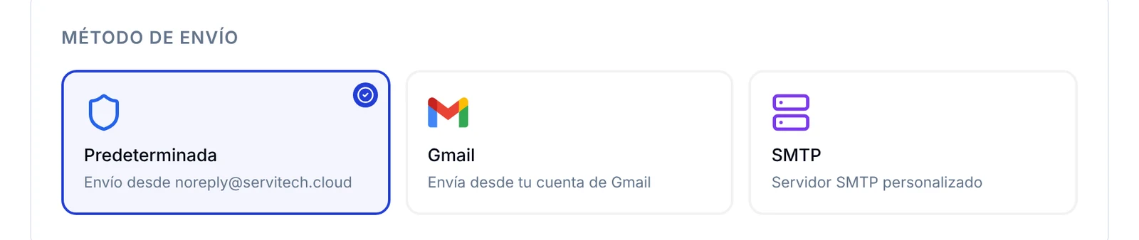 Tarjetas de método de envío: Predeterminada, Gmail y SMTP, con Predeterminada seleccionada