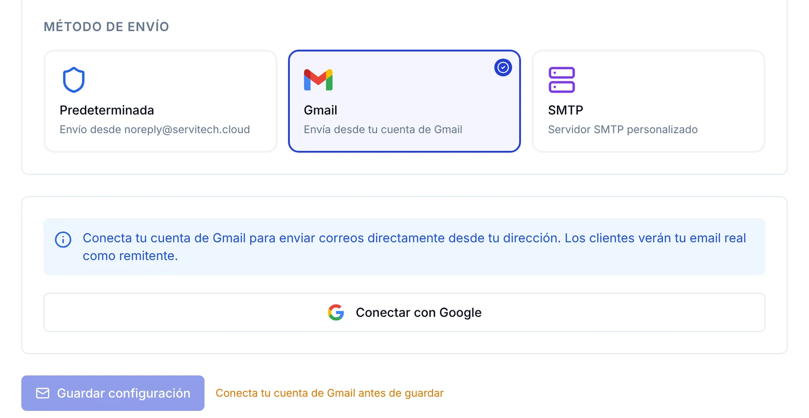 Opción Gmail seleccionada con el botón Conectar con Google y el aviso de conectar la cuenta antes de guardar
