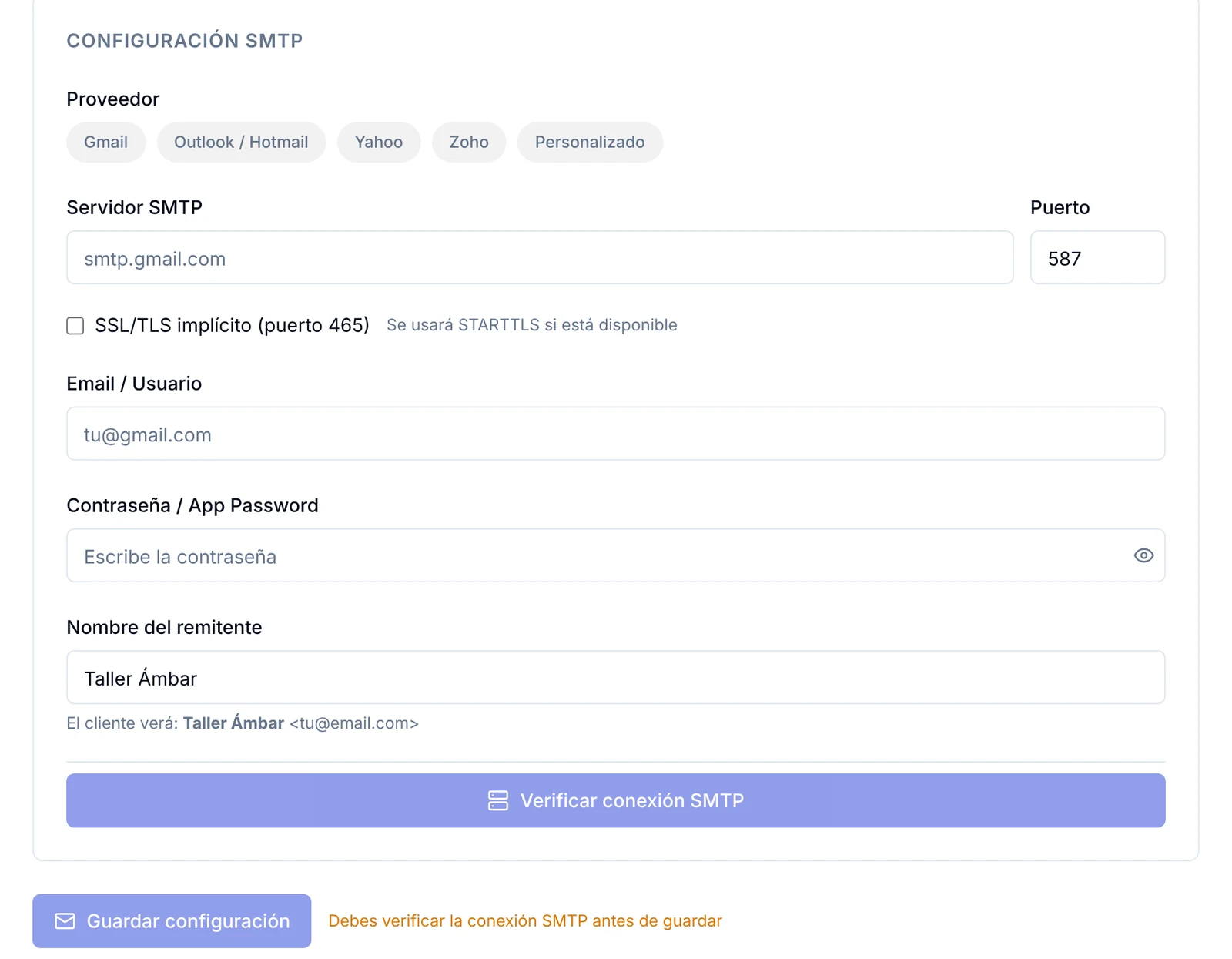 Bloque Configuración SMTP con proveedor, servidor, puerto, usuario, contraseña, nombre del remitente y el botón Verificar conexión SMTP