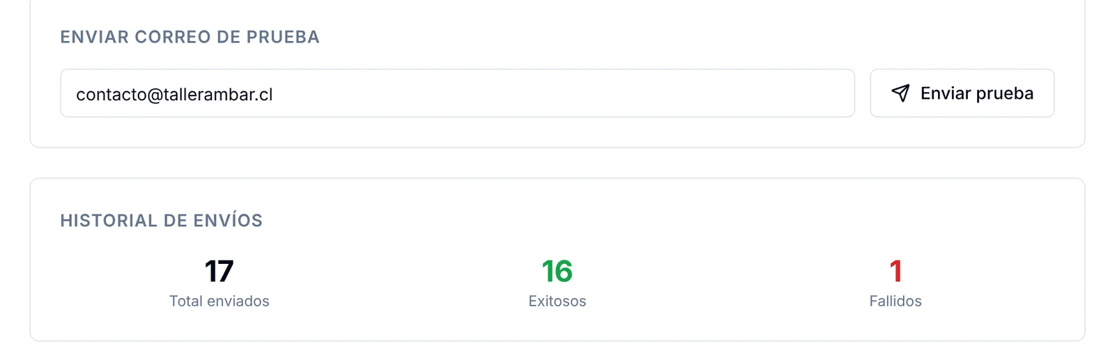 Bloque Enviar correo de prueba con el botón Enviar prueba y el Historial de envíos con totales de enviados, exitosos y fallidos