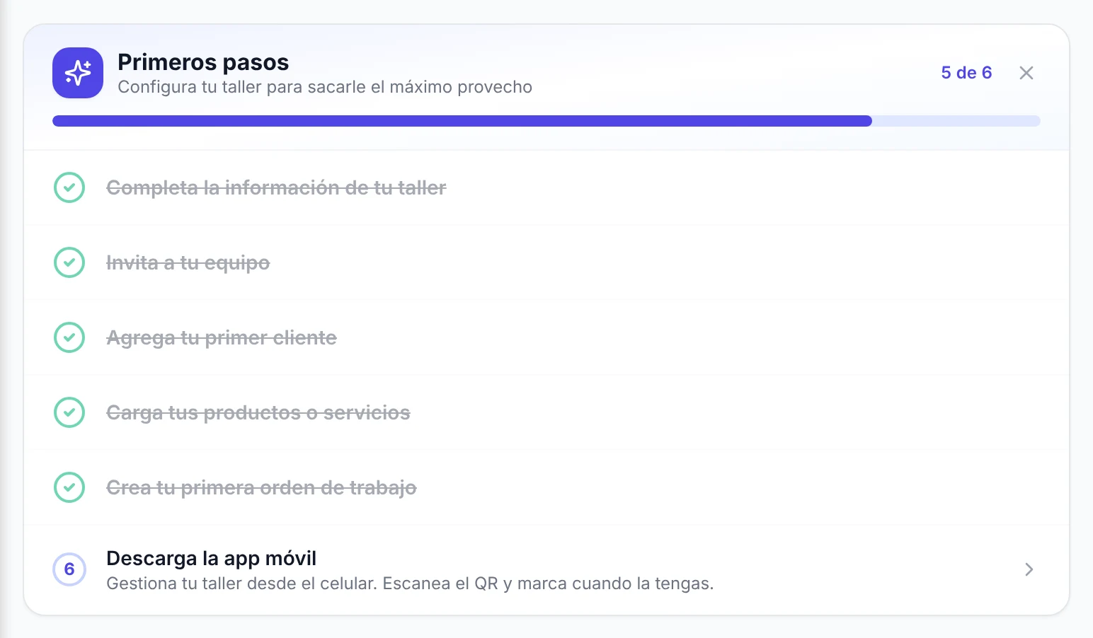 Tarjeta Primeros pasos en la pantalla de Inicio, con la lista de tareas de configuración del taller
