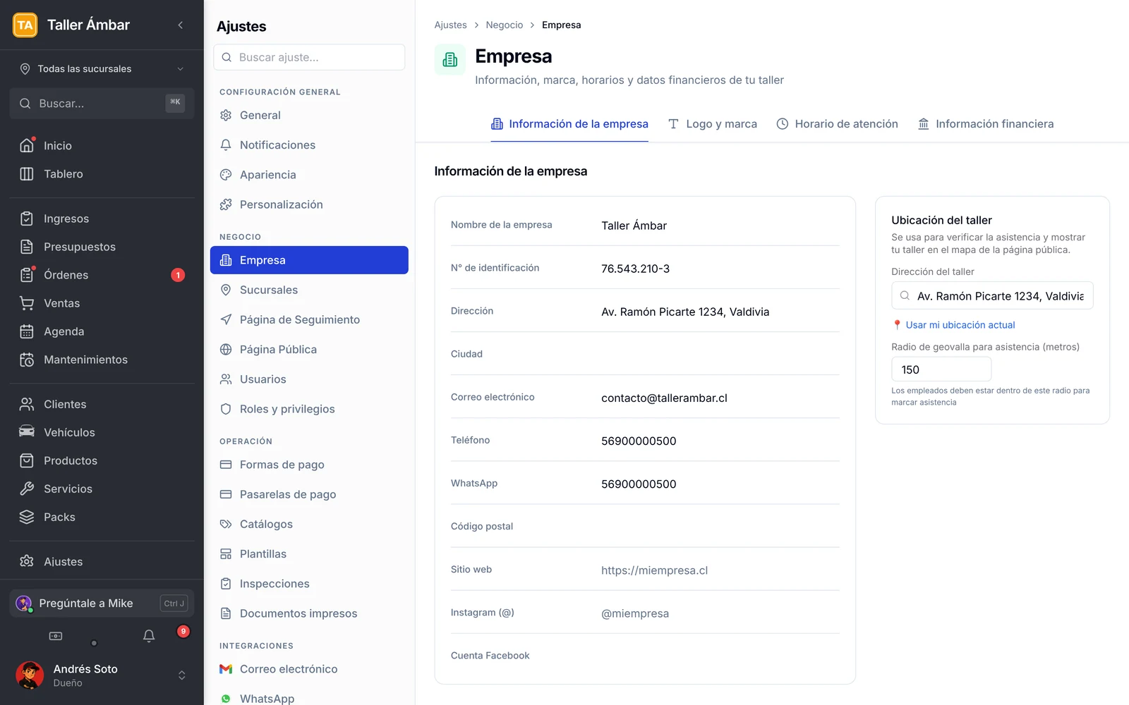 Pestaña Información de la empresa con el nombre, la identificación, la dirección y los datos de contacto del taller