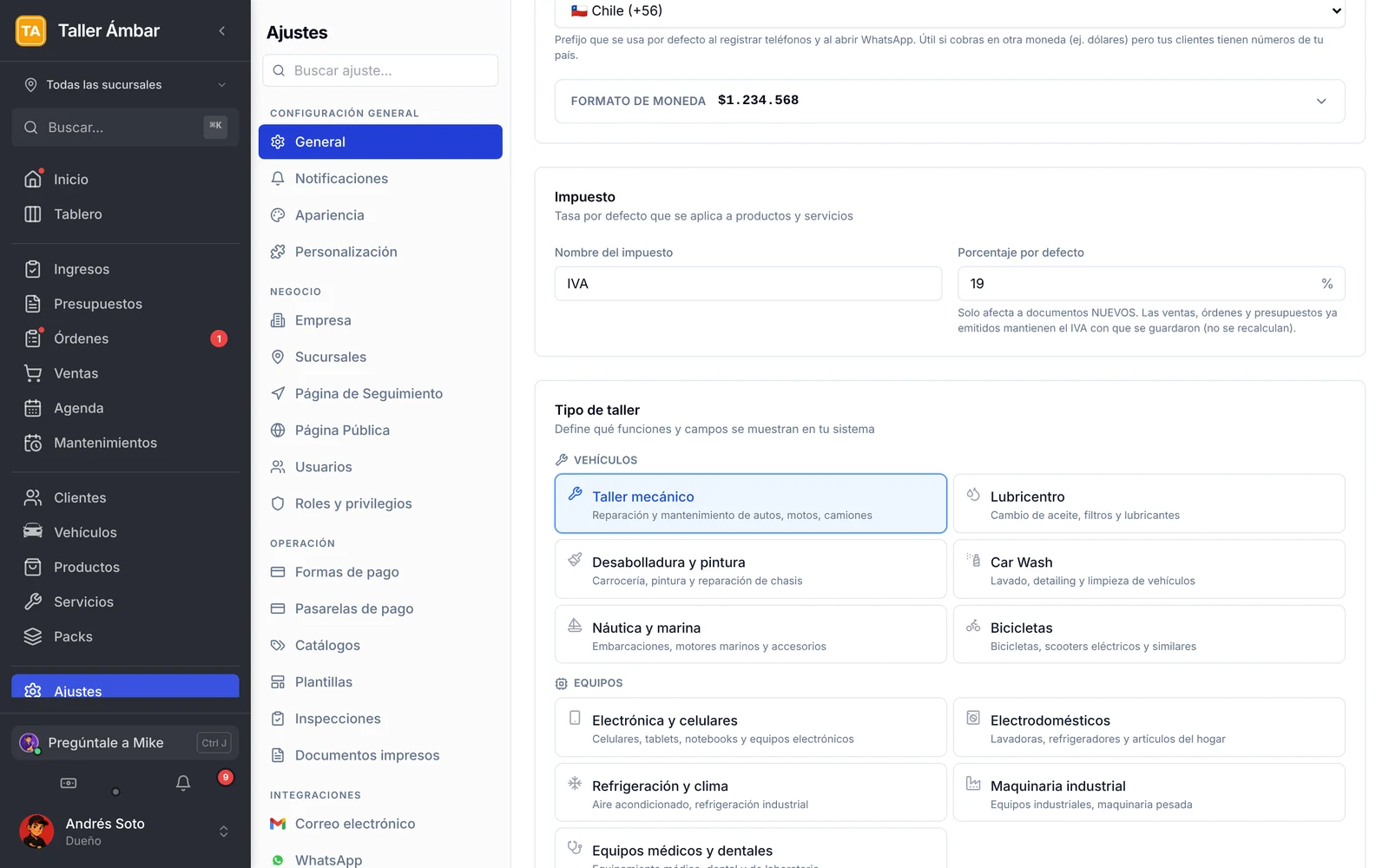 Sección Tipo de taller con las opciones para vehículos y para equipos, y Taller mecánico seleccionado