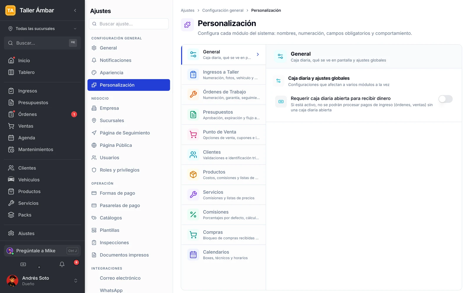 Pantalla Personalización en Ajustes con la lista de módulos a la izquierda y las opciones del módulo General a la derecha