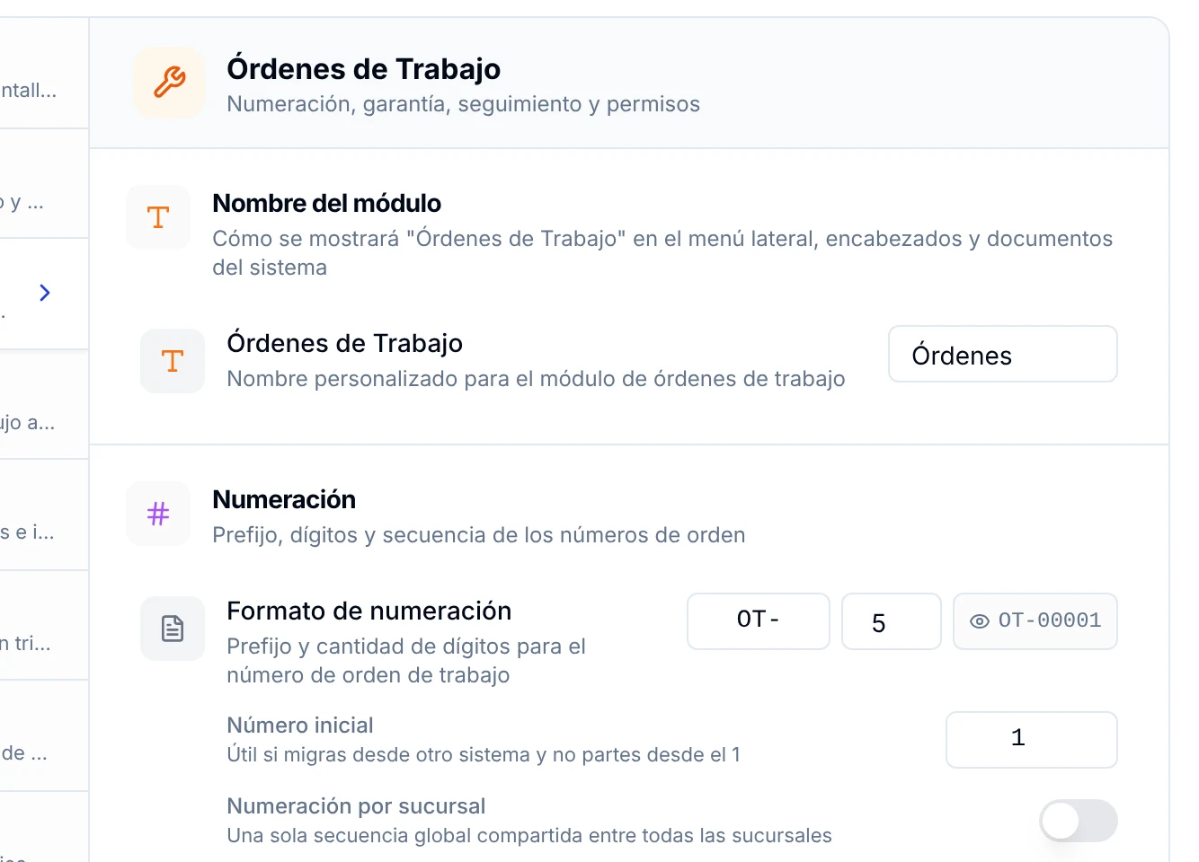 Bloques Nombre del módulo y Numeración de Órdenes de Trabajo, con prefijo OT-, cinco dígitos y la vista previa OT-00001