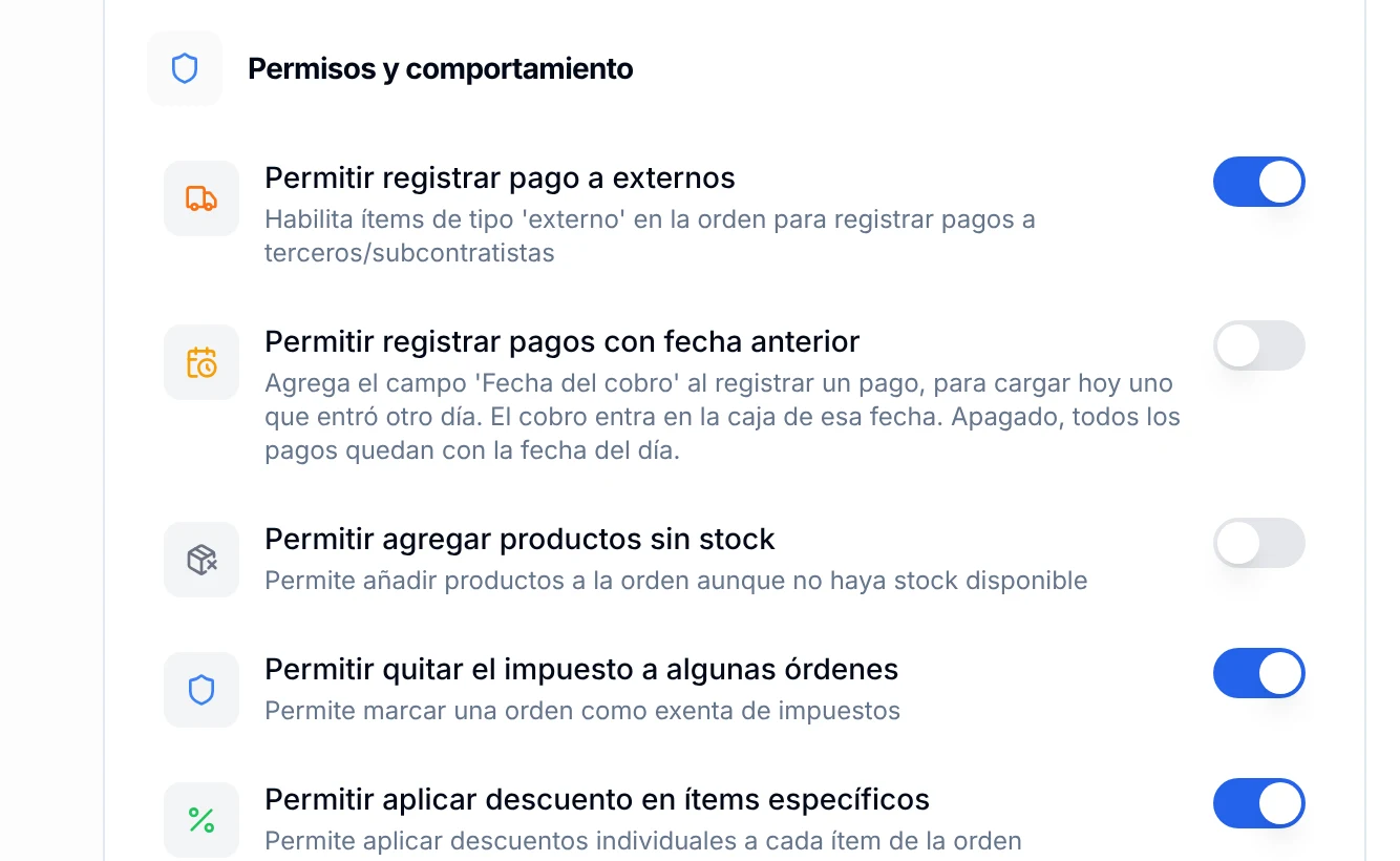 Bloque Permisos y comportamiento de Órdenes de Trabajo con interruptores para pagos a externos, productos sin stock, impuestos y descuentos