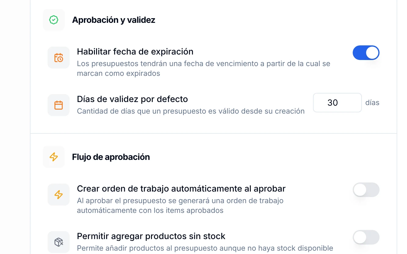 Bloques Aprobación y validez y Flujo de aprobación de Presupuestos, con fecha de expiración activa y 30 días de validez