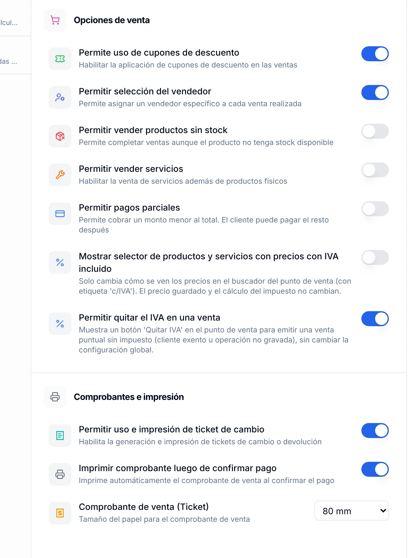 Bloques Opciones de venta y Comprobantes e impresión del Punto de Venta, con cupones, vendedor, pagos parciales y tamaño del ticket