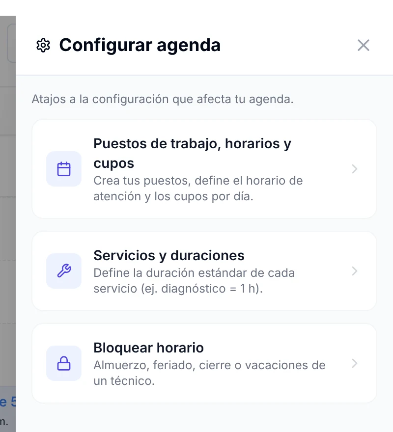 Panel Configurar agenda con los atajos a puestos de trabajo, servicios y duraciones, y bloquear horario