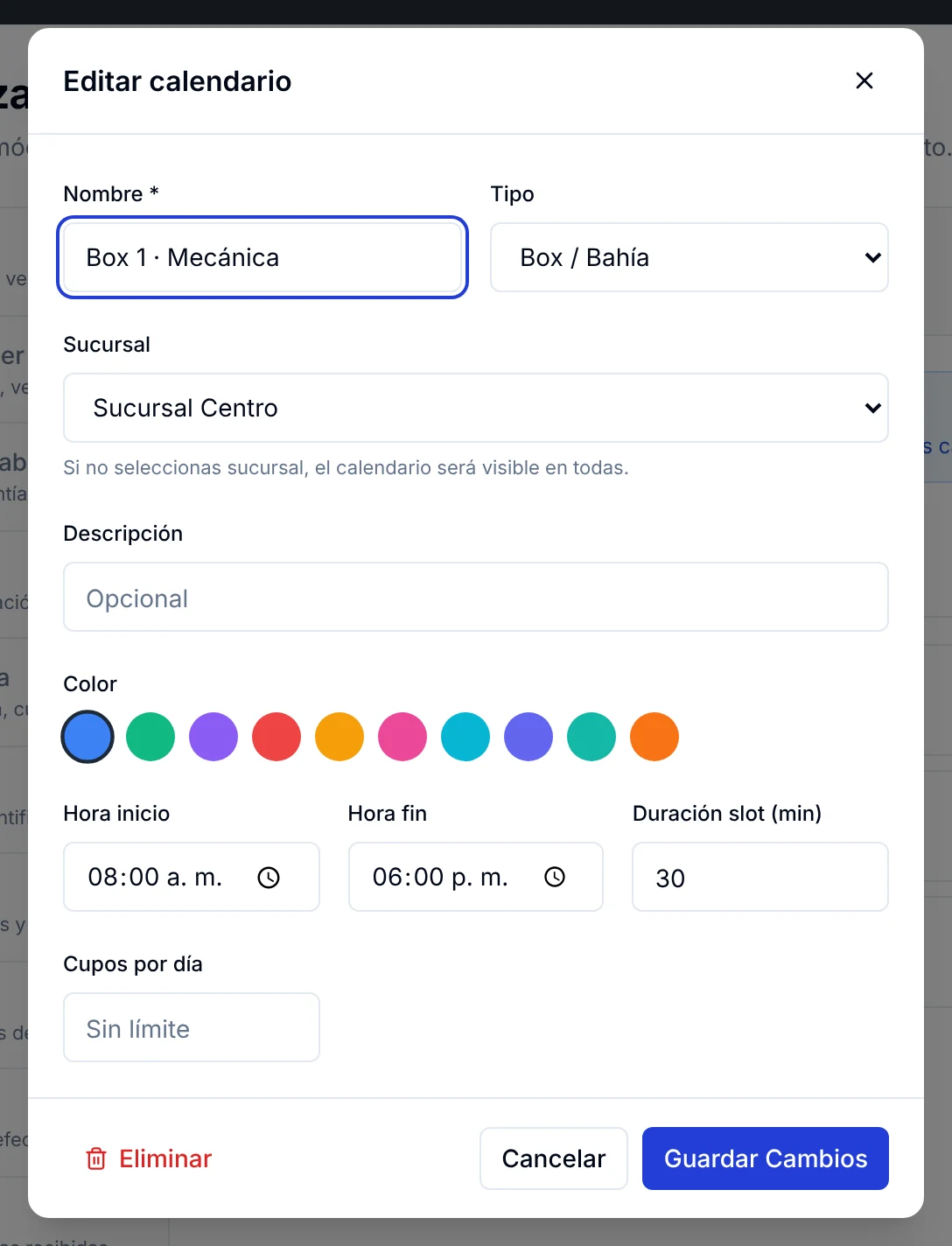 Ventana Editar calendario con nombre, tipo, sucursal, color, hora de inicio, hora de fin, duración y cupos
