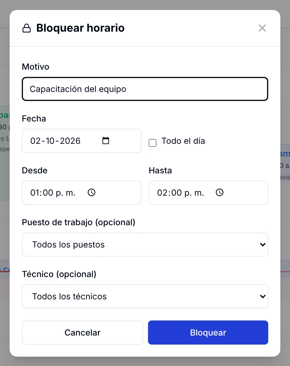 Ventana Bloquear horario con motivo, fecha, hora desde y hasta, puesto de trabajo y técnico
