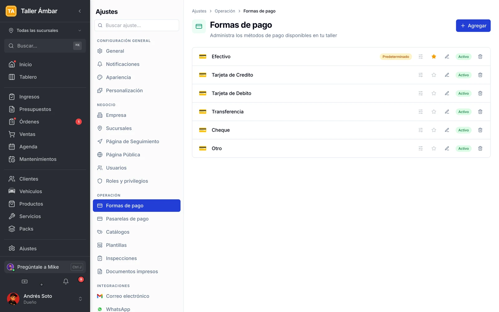 Pantalla Formas de pago en Ajustes con los seis métodos del taller y el botón Agregar