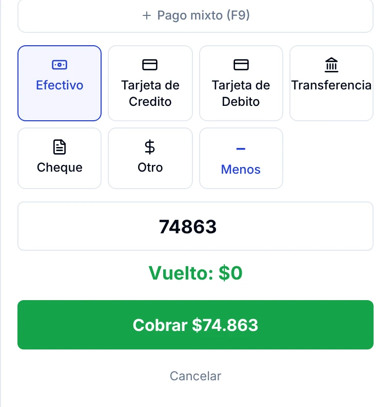Botones de formas de pago al cobrar una venta: Efectivo, Tarjeta de Credito, Tarjeta de Debito, Transferencia, Cheque y Otro