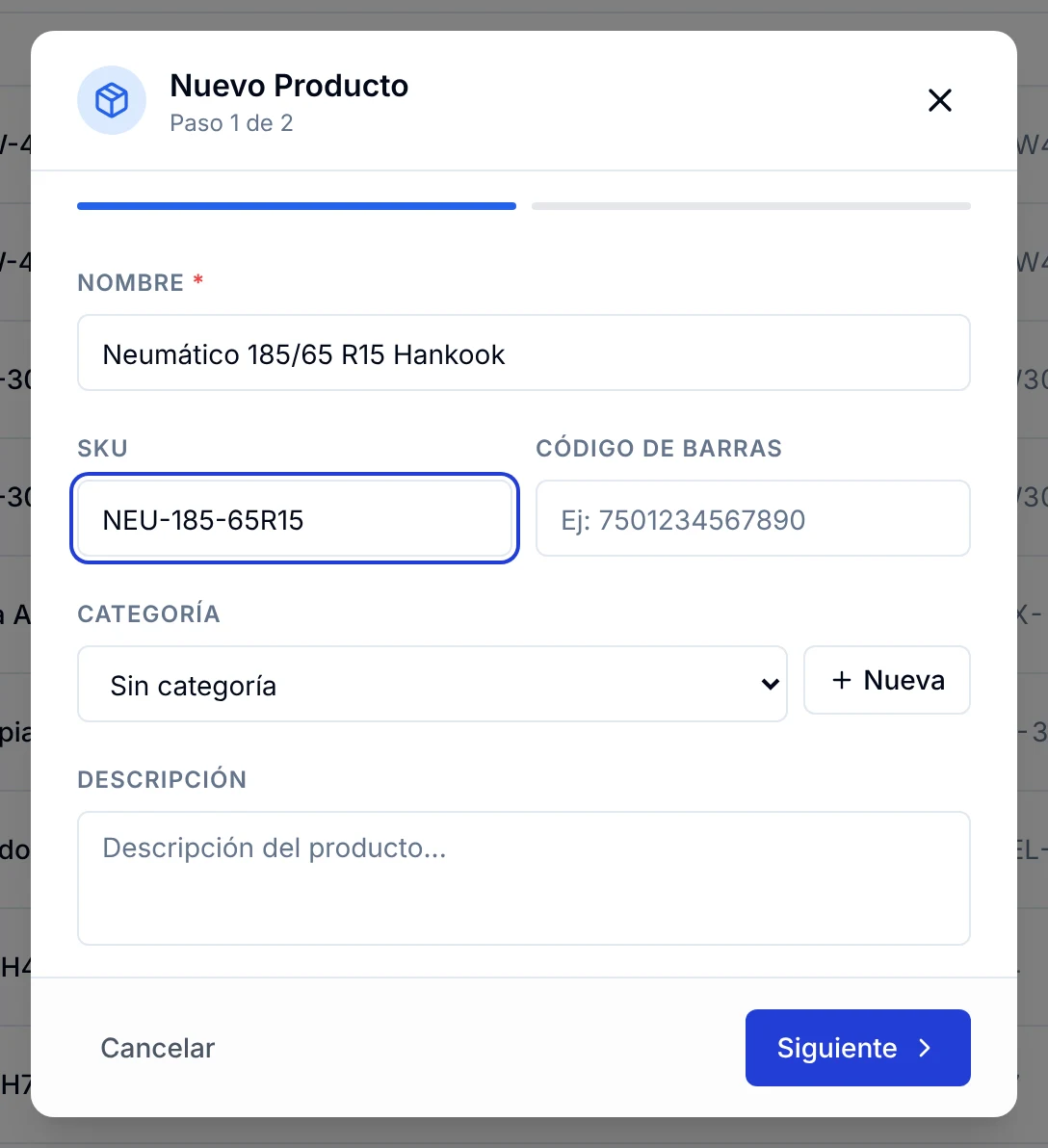 Paso 1 de Nuevo Producto con el campo Categoría y el botón Nueva