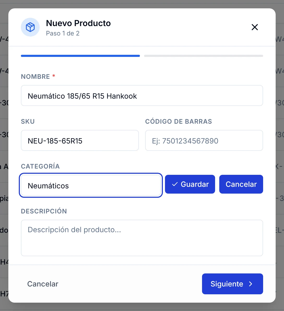 Campo para escribir el nombre de la nueva categoría con los botones Guardar y Cancelar